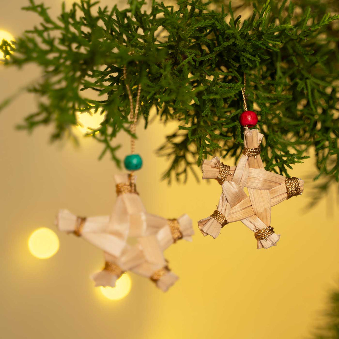 5 Pc | Handmade Banana Bark Star Hanging Christmas Ornaments