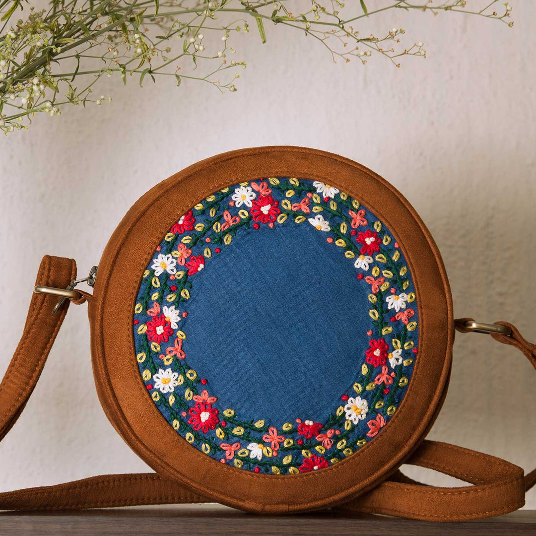 Personalized Embroidered Tan Brown Denim Floral Round Sling Bag