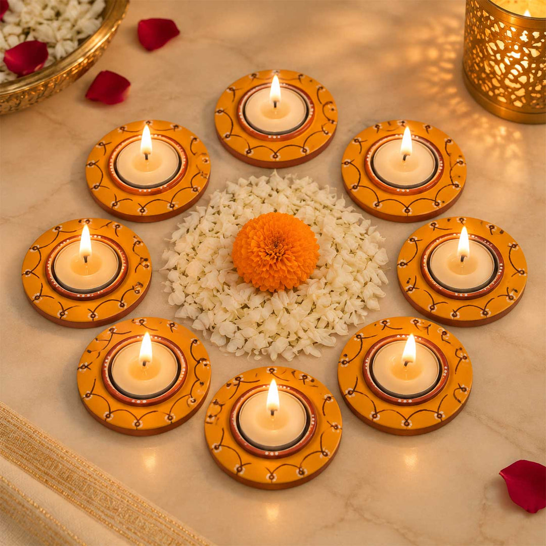 Set of 8 | Sunny Yellow Hand-Painted Terracotta Disc Diya Tealight Holders For Festive Decor