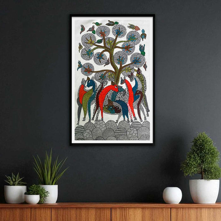 24 x 36 Inch | Shelter of the Wild | Original Hand Painted Tribal Gond Art Painting | Acrylic Paints On Paper