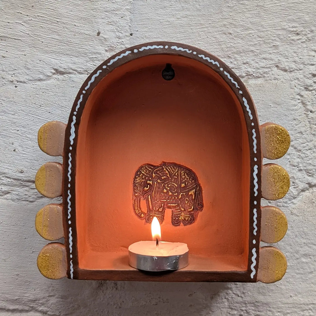 Hand-Painted Rustic Elephant Motif Terracotta Tealight Holder