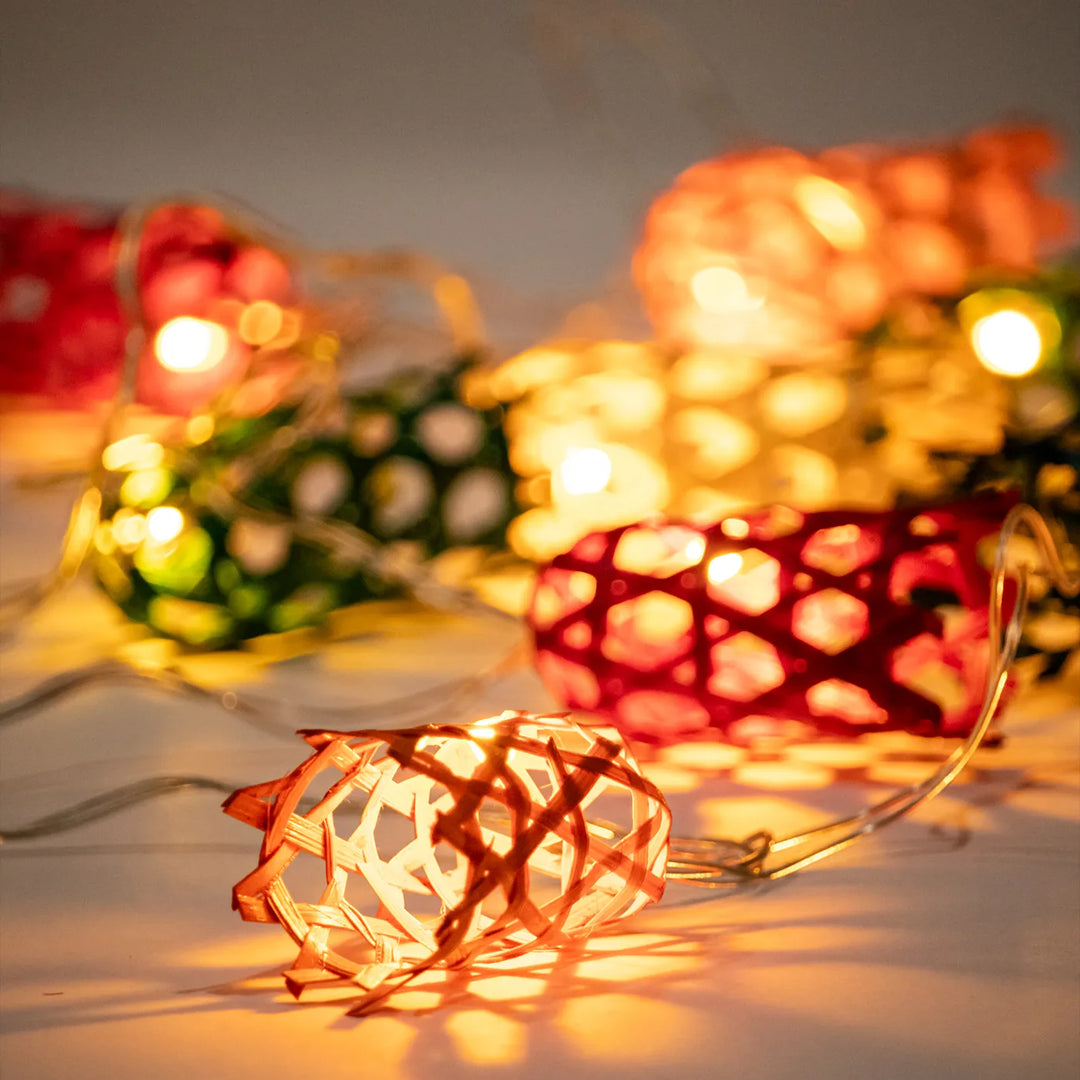 3m, 10 Bulbs | Multicoloured Bell Eco-Friendly Handmade Woven Bamboo LED Fairy Light