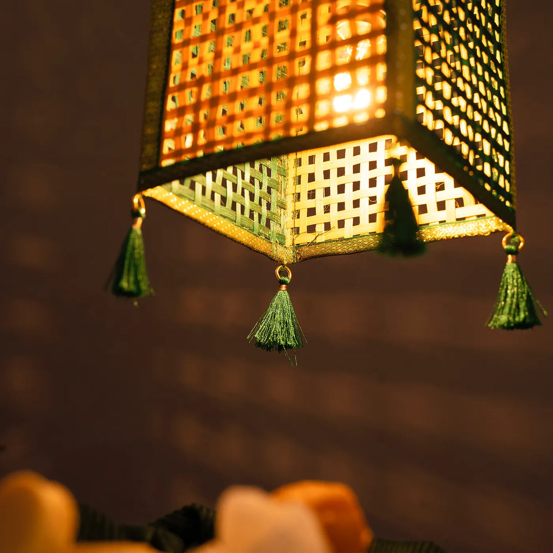Golden & Green Zari Border Handmade Woven Bamboo Square Hanging Lampshade
