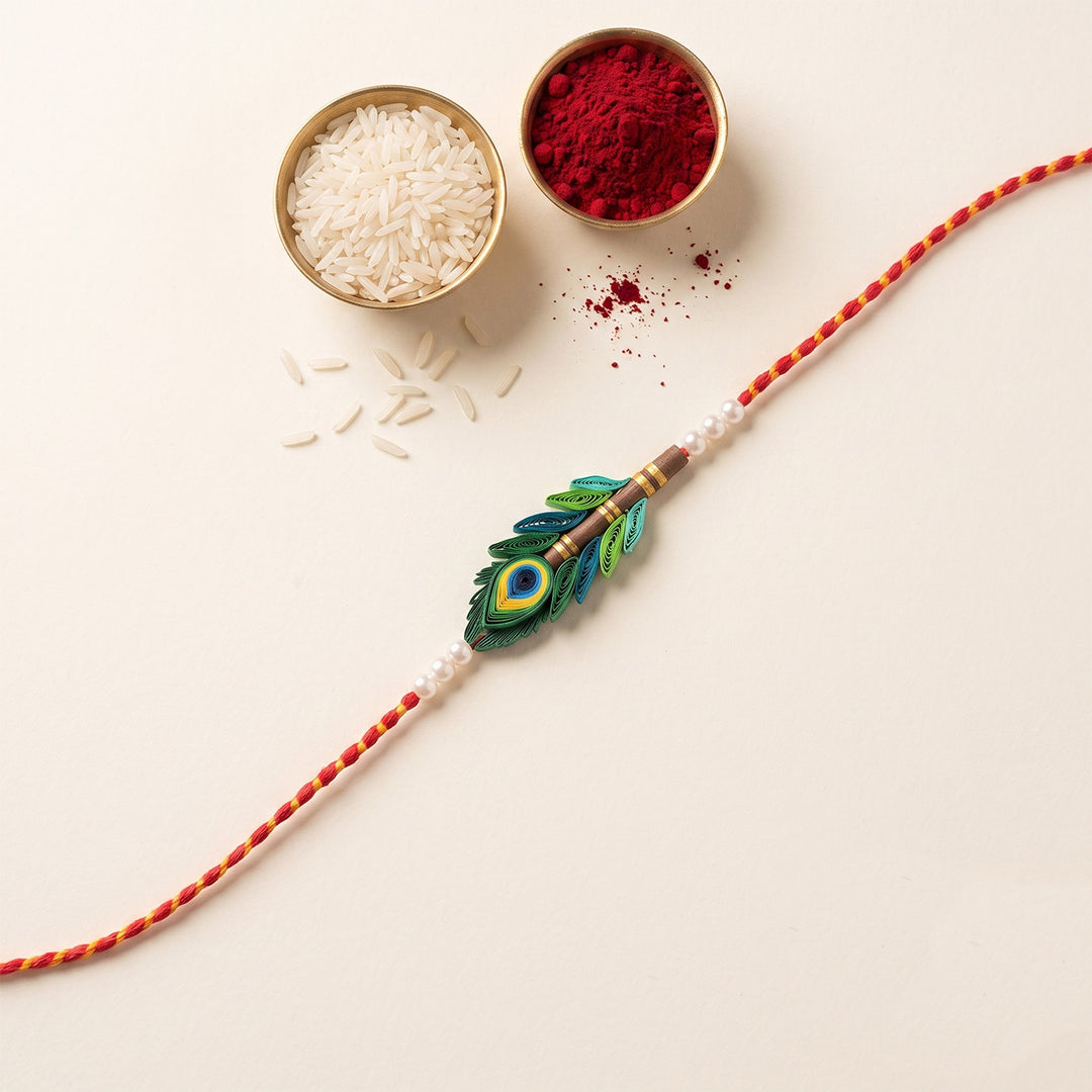 Handmade Paper Quilled Peacock Rakhi With Roli Chawal For Brother