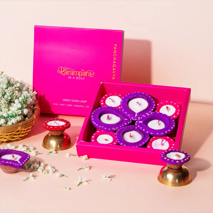 Handmade Panchagavya Ghee Diya Gift Box | Includes 4 Round Diyas, 4 Tilak Diyas