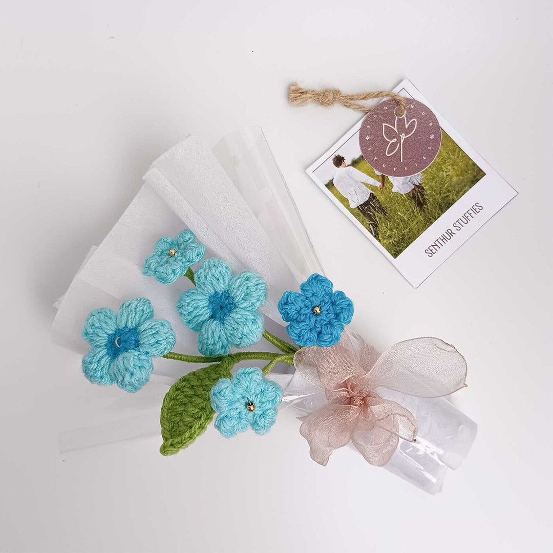 Handmade Crochet Classic Blue Mini Flower Bouquet | Includes Photo & Greeting Card