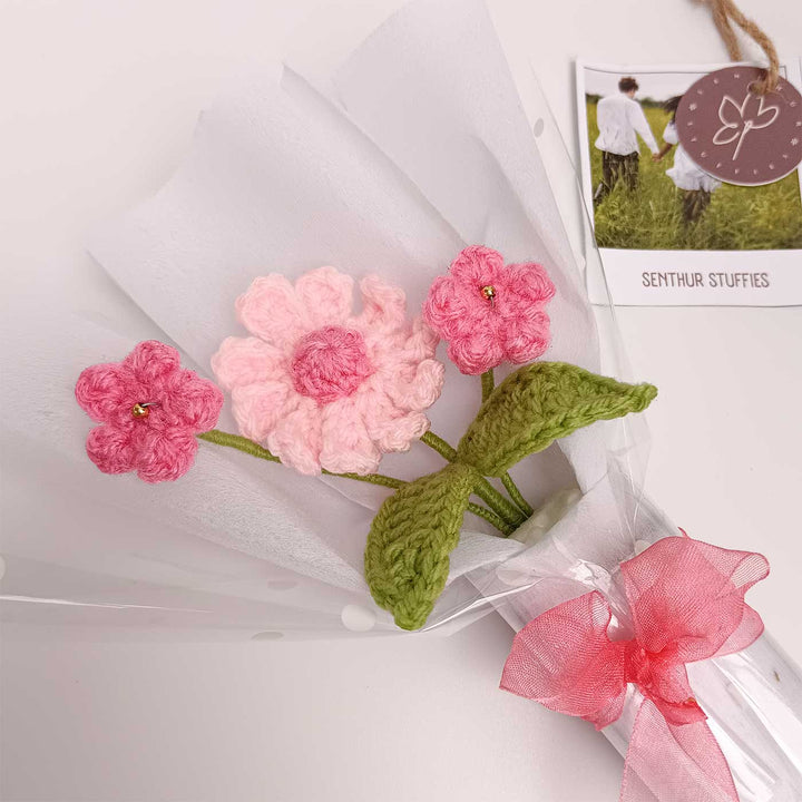 Handmade Crochet Classic Pink Mini Flower Bouquet | Includes Photo & Greeting Card