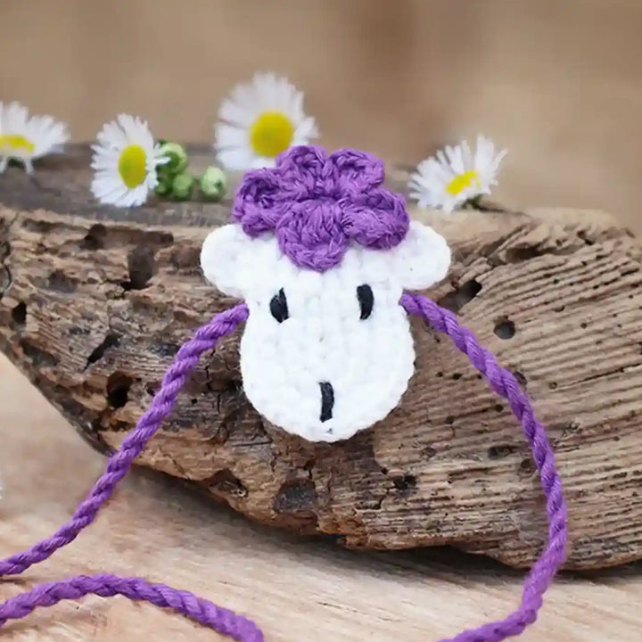 Handmade Crochet Sheep Theme Kids Rakhi And Toy Combo With Roli Chawal Set Of 2 - Close-up Front Hanging Accessory