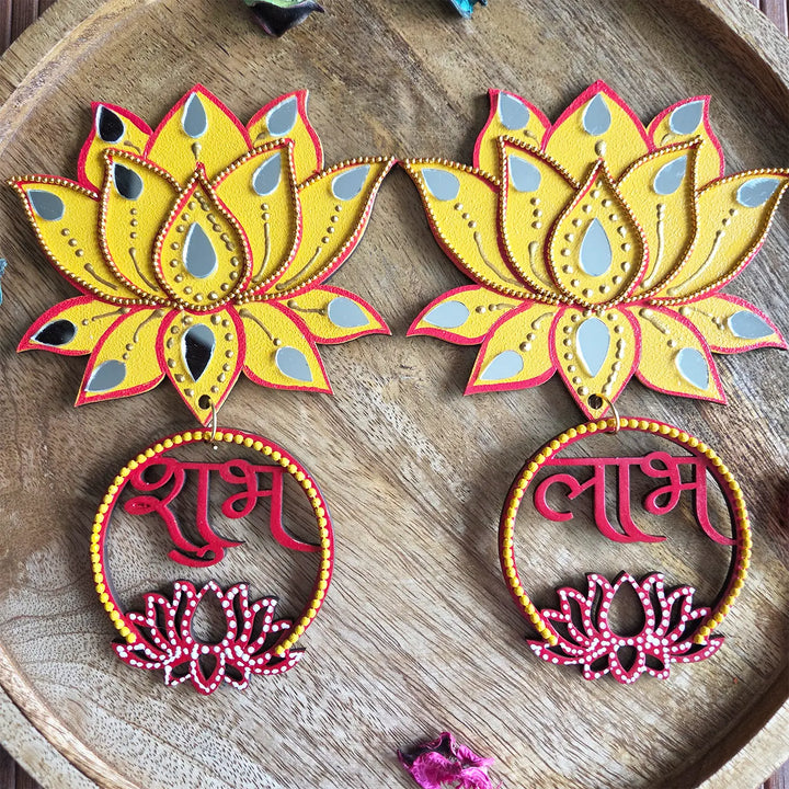 Hand-Painted Mirror Work Lotus Theme MDF Wood Shubh Labh Hangings | Set Of 2