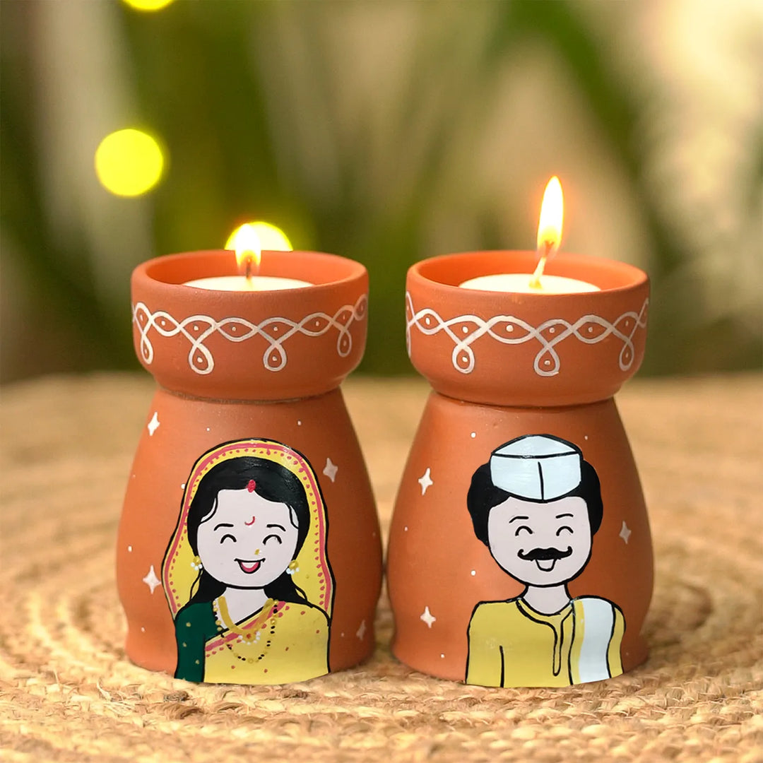 Hand-Painted Maharata Couple Terracotta Tealight Holder | Set Of 2
