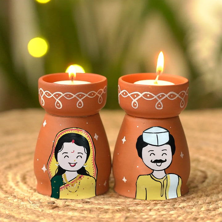 Hand-Painted Maharata Couple Terracotta Tealight Holder | Set Of 2