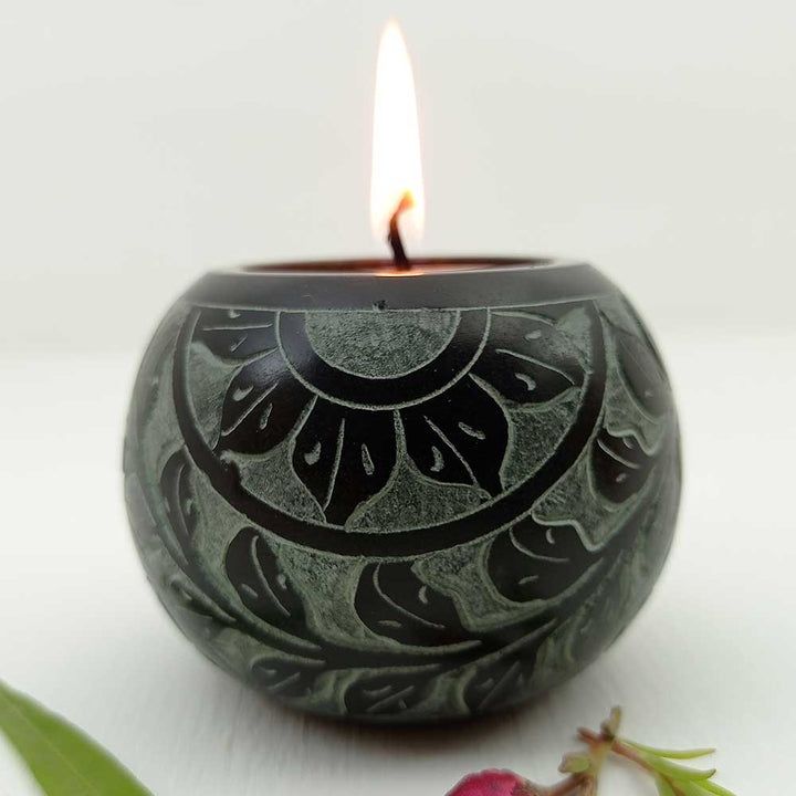 Handmade Black Aala Round Shape Candle Holder | Set of 2