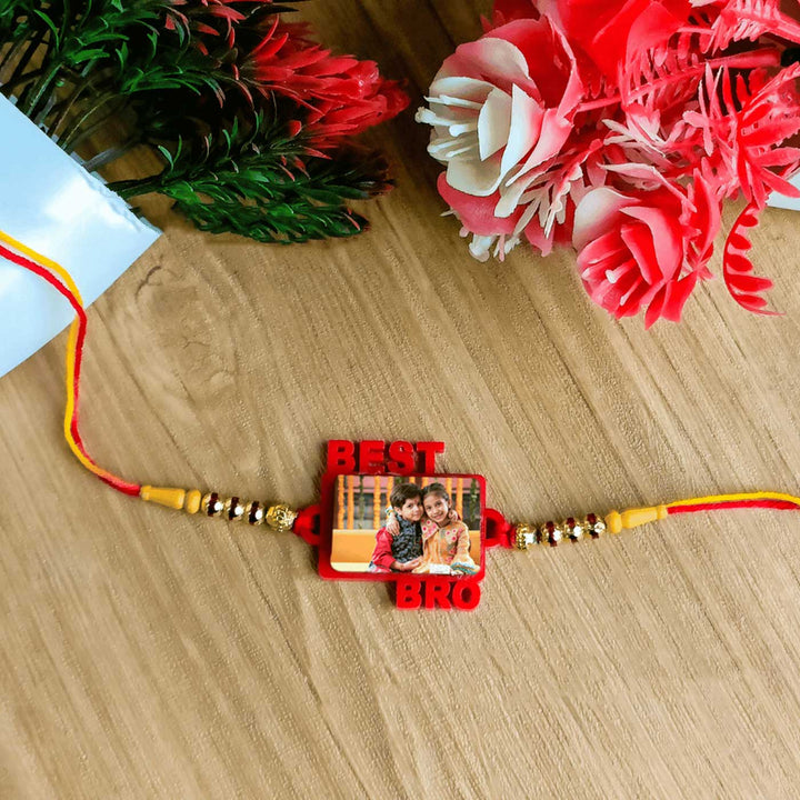 Photo Personalized Handmade Best Bro Rudraksh Rakhi For Brother - Laid Flat on Surface