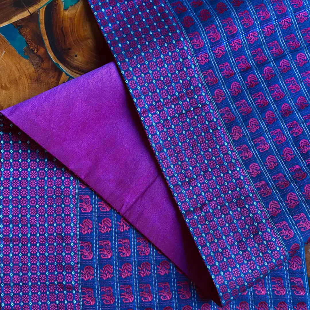 Handmade Purple Elephant & Peacock Design Khunn Fabric Cotton Table Runner | 12 x 60 Inch
