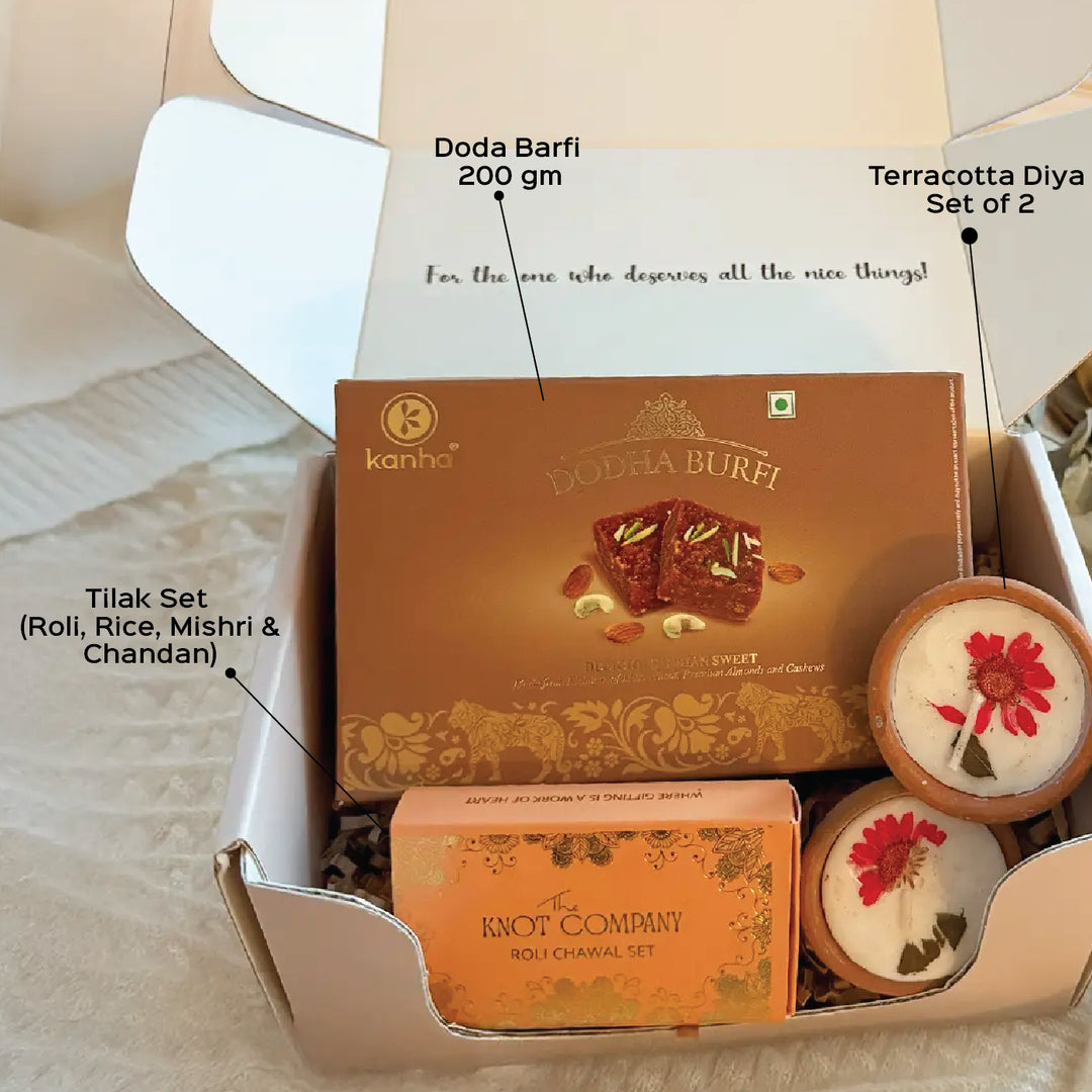 Mitti & Mithaas Diwali Gift Hamper | Includes 2 Terracotta Diyas, 1 Dodha Barfi, 1 Tilak Set, 1 Gift Box