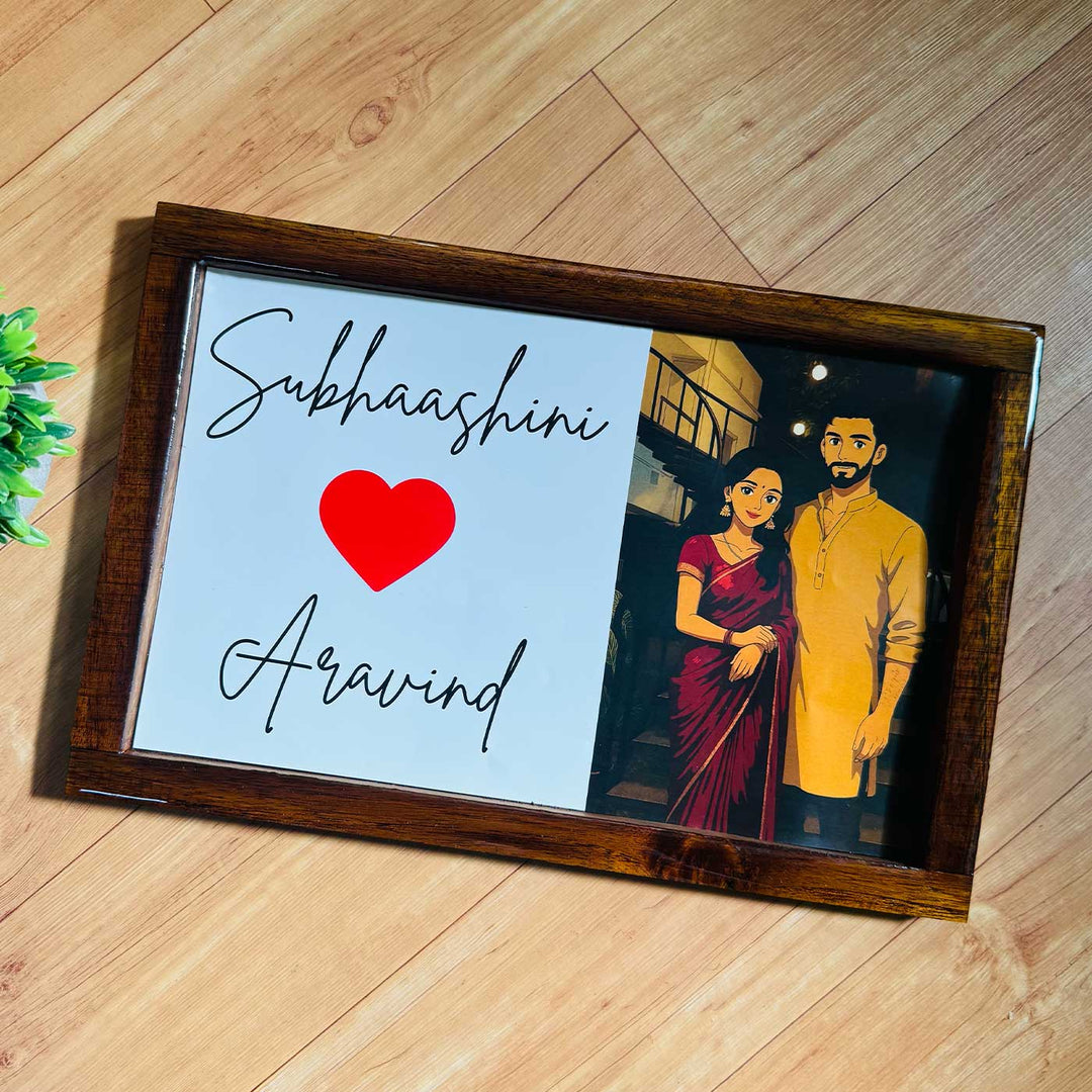 Couple Caricature Photo Personalized Resin Wooden Frame Name Plate