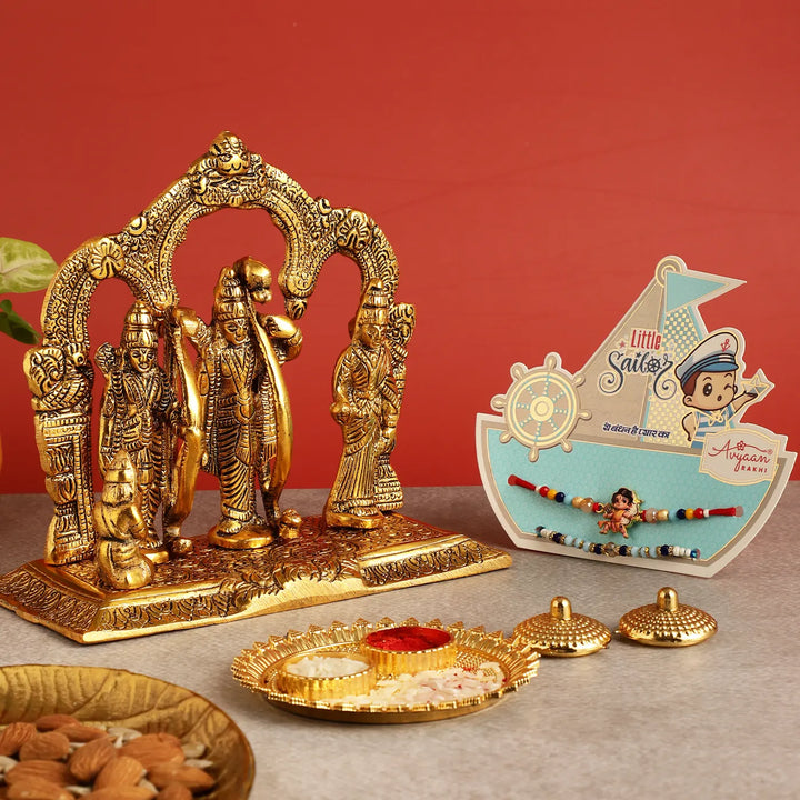 Handmade Shri Ram Rakhi Hamper | Includes 1 Ramdarbar Idol, 2 Rakhis, 1 Roli Chawal