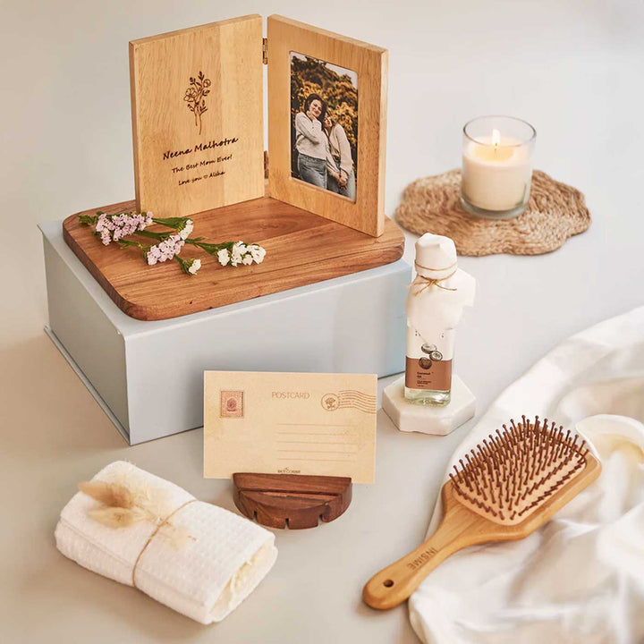 Photo Personalized Wrapped in Love for Mom Gift Box | Includes 1 Wooden Hair Brush, 1 Coconut Oil, 1 White Waffle Hand Towel, 1 Wooden Photo Frame, 1 Mother’s Day Postcard, 1 Peek-A-Boo Gift Box