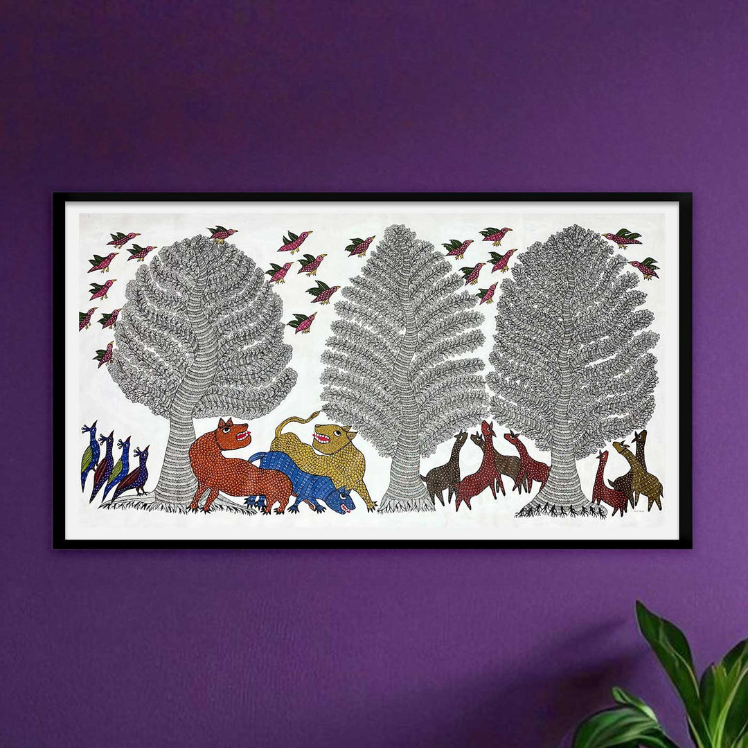 15 x 22 Inch | Nature & Animal behavior | Original Hand Painted Tribal Gond Art Painting | Acrylic Paints On Canvas