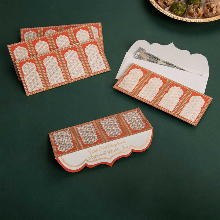 Personalized Handmade Jhorokha Orange Paper Envelopes | Set Of 10