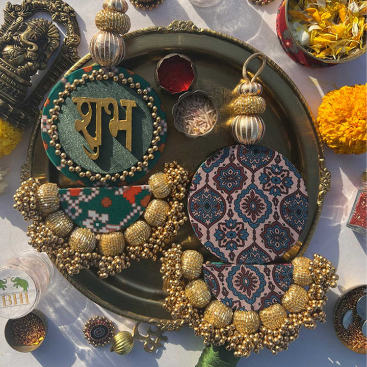 Handmade Rosie Rani And Kamal Bandhej Arc Embellished Shubh Labh Reversible Hanging | Set Of 2