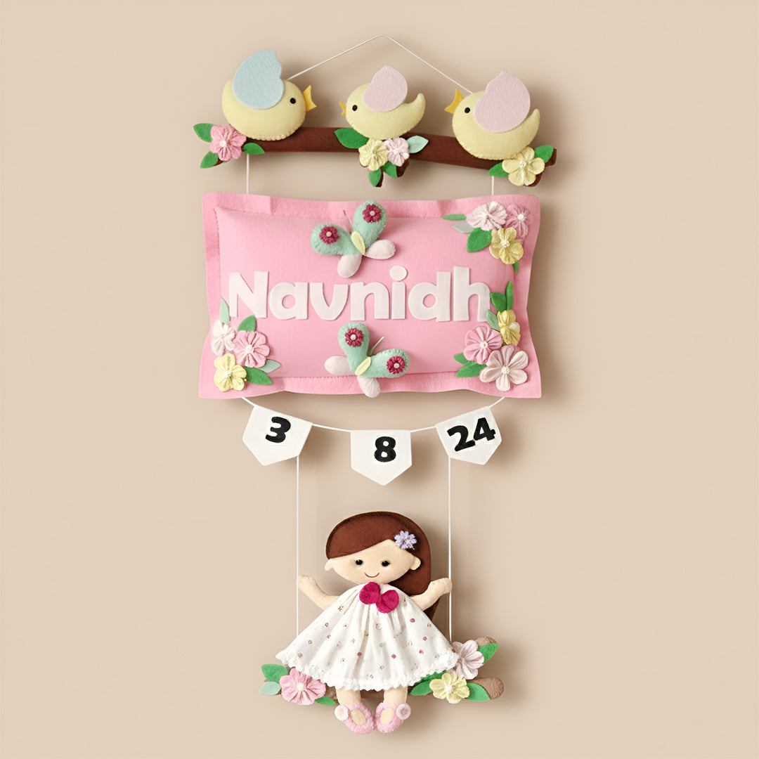 Hand-stitched Pillow & Bird Themed Felt Kids Nameplate with Swing