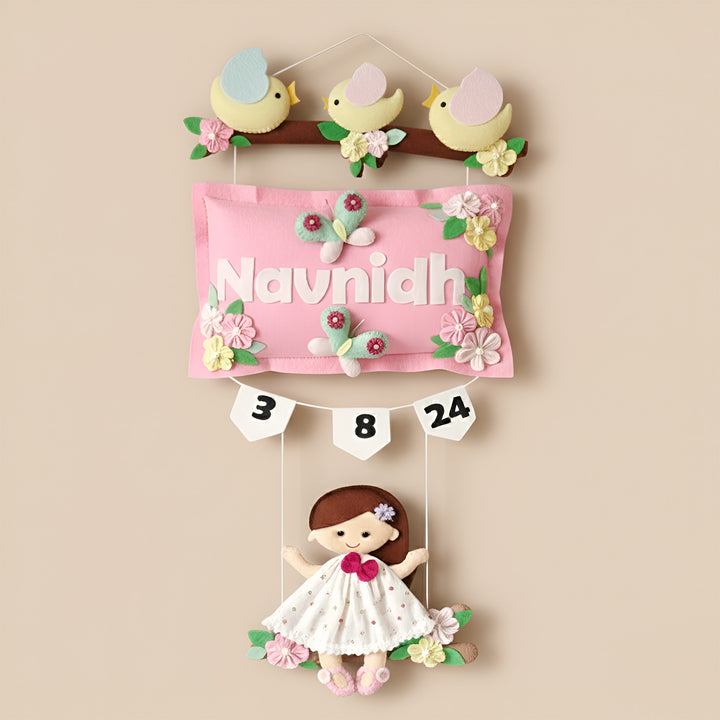 Hand-stitched Pillow & Bird Themed Felt Kids Nameplate with Swing