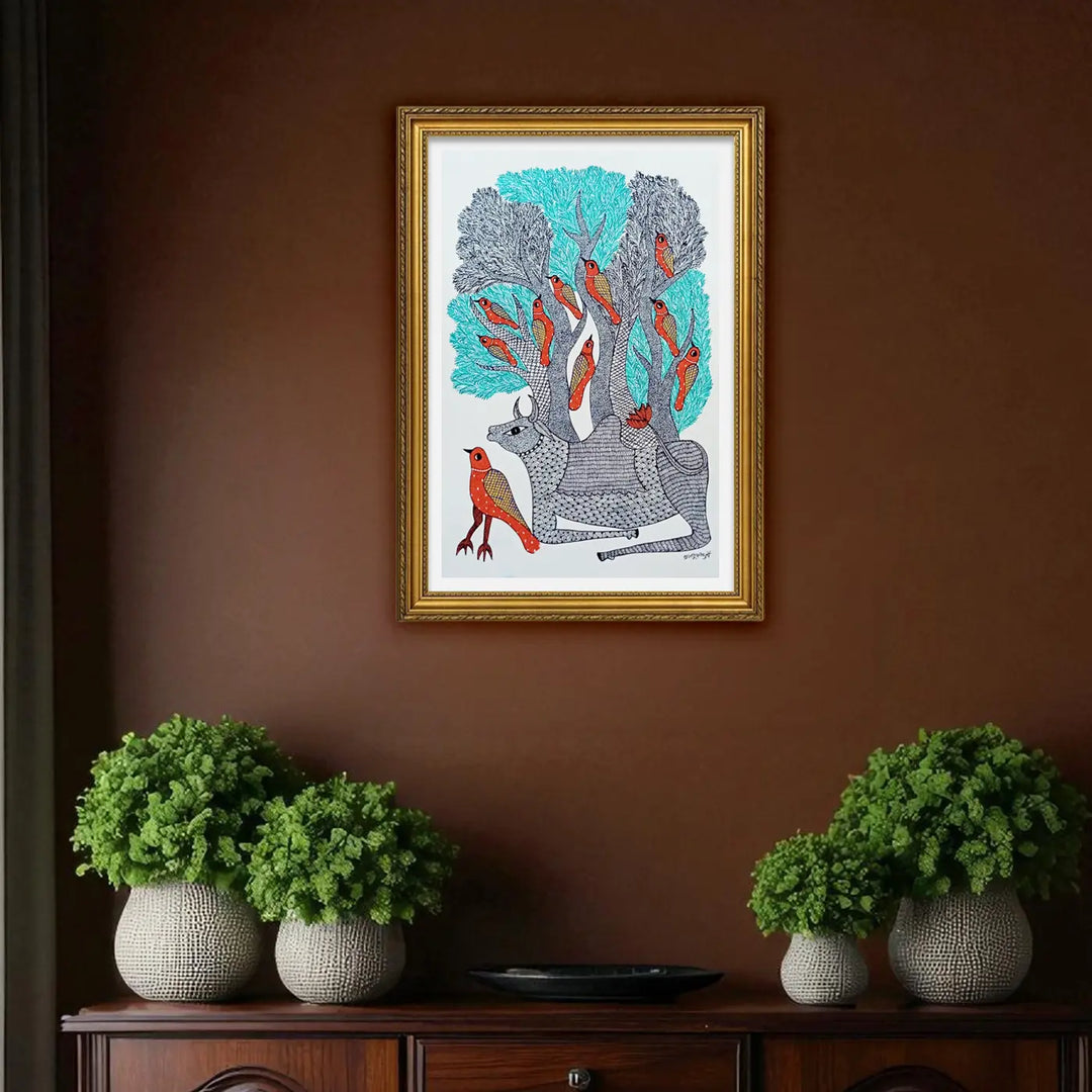16 x 23 Inch | Bull & Bird| Original Hand Painted Tribal Gond Art Painting | Acrylic Paint On Paper