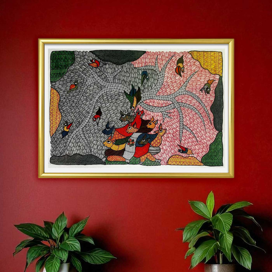 15 x 22 Inch | Nature’s Chorus | Original Hand Painted Tribal Gond Art Painting | Acrylic Paints On Paper
