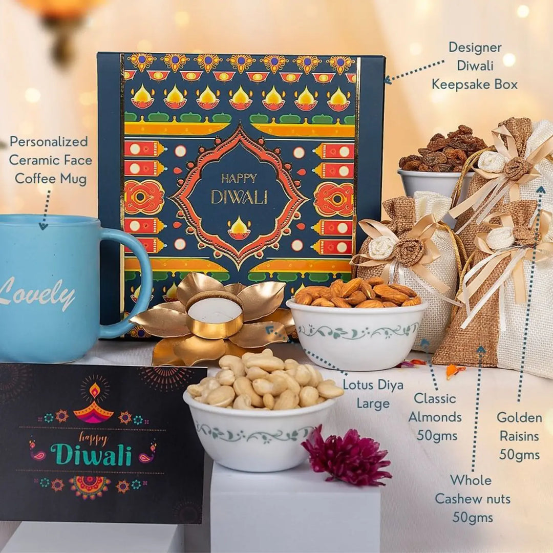 Personalized Diwali Gift Hamper | Includes 1 Ceramic Mug, 3 Dry Fruit Potlis, 1 Golden Diya, 1 Greeting Card