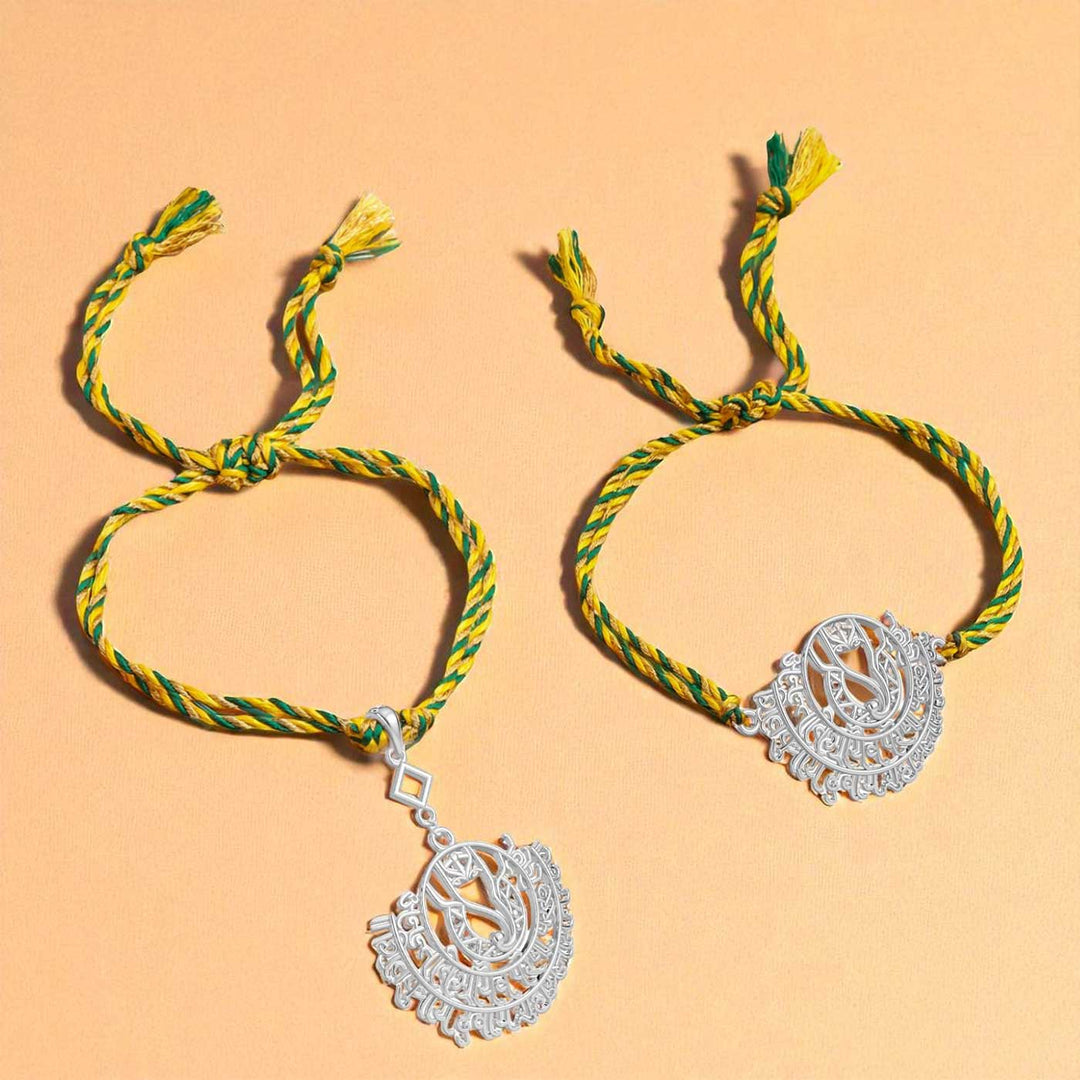 Handmade Ganesha Design Religious Silver Bhaiya Bhabhi Rakhi - Bracelets Laid Flat with Pendant Visible