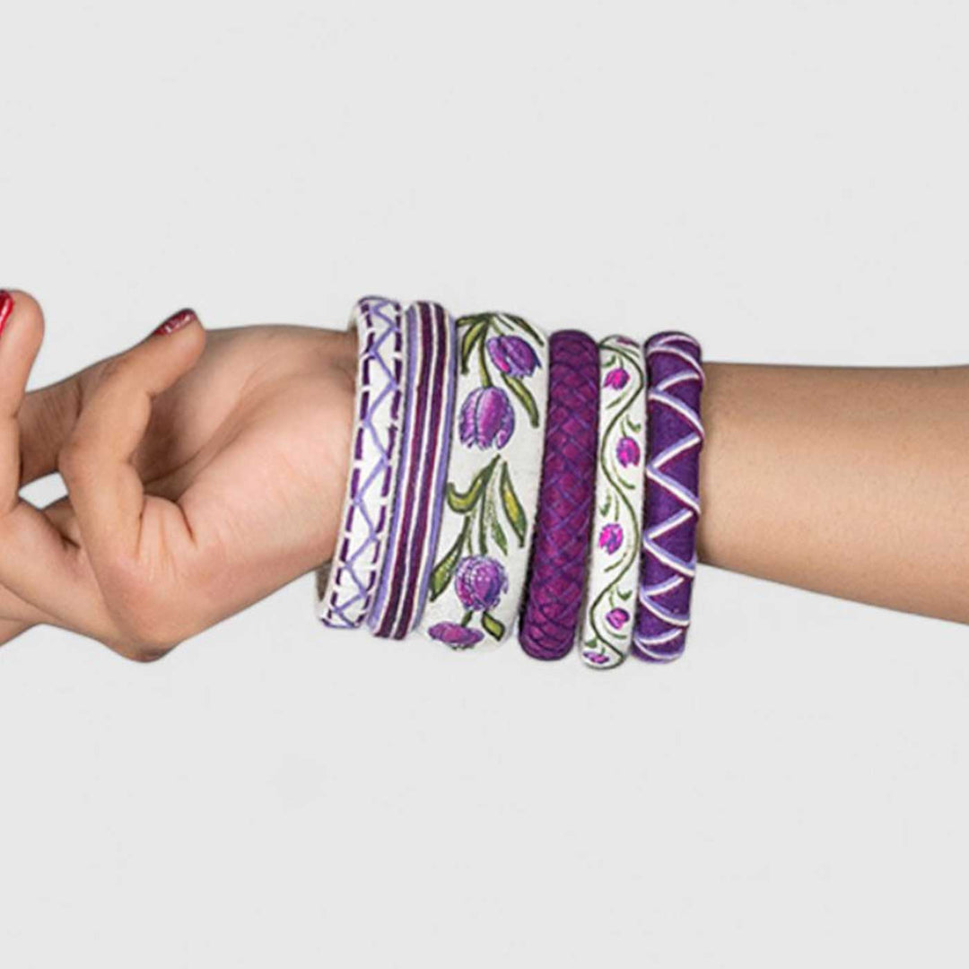Purple & White Handcrafted Tulip Bangles | Set of 6