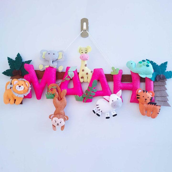 Personalized Pink Jungle Theme Felt Kids Name Plate