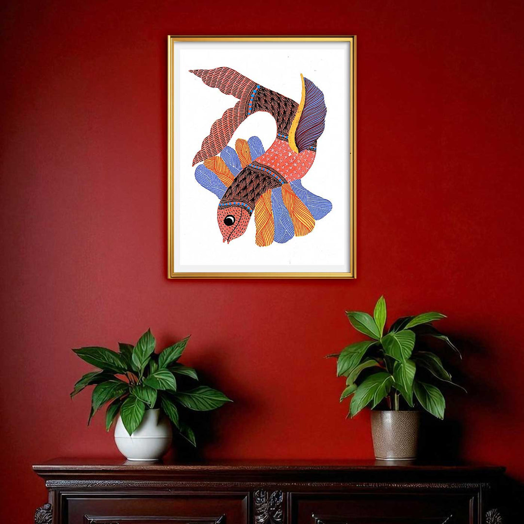 6 x 8 Inch | Colorful Fish | Original Hand painted Tribal Gond Art Painting | Acrylic Paints On Paper