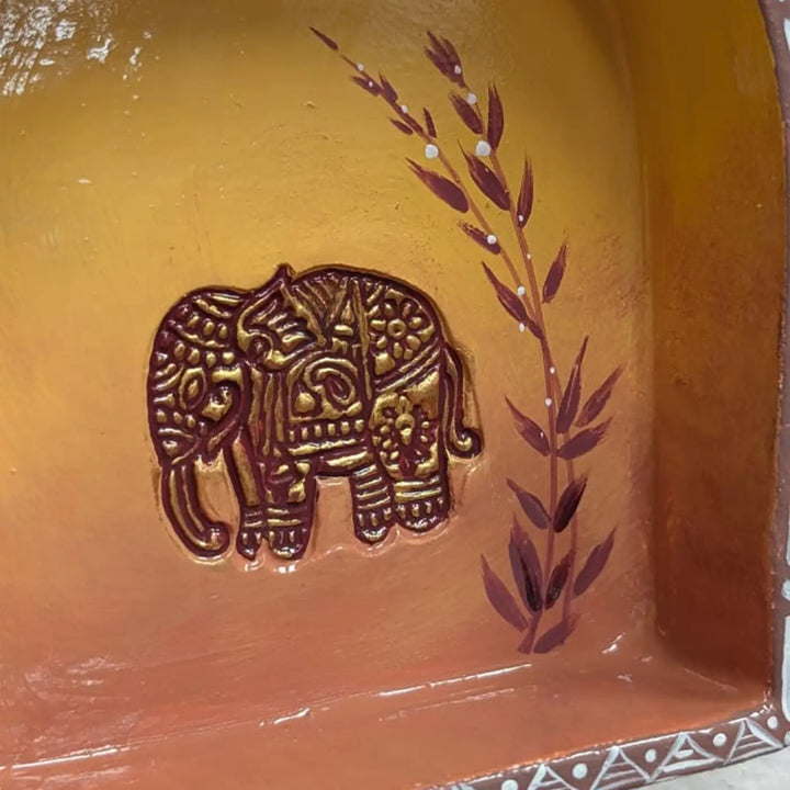 Hand-Painted Mirror Work Elephant Motif Terracotta Tealight Holder