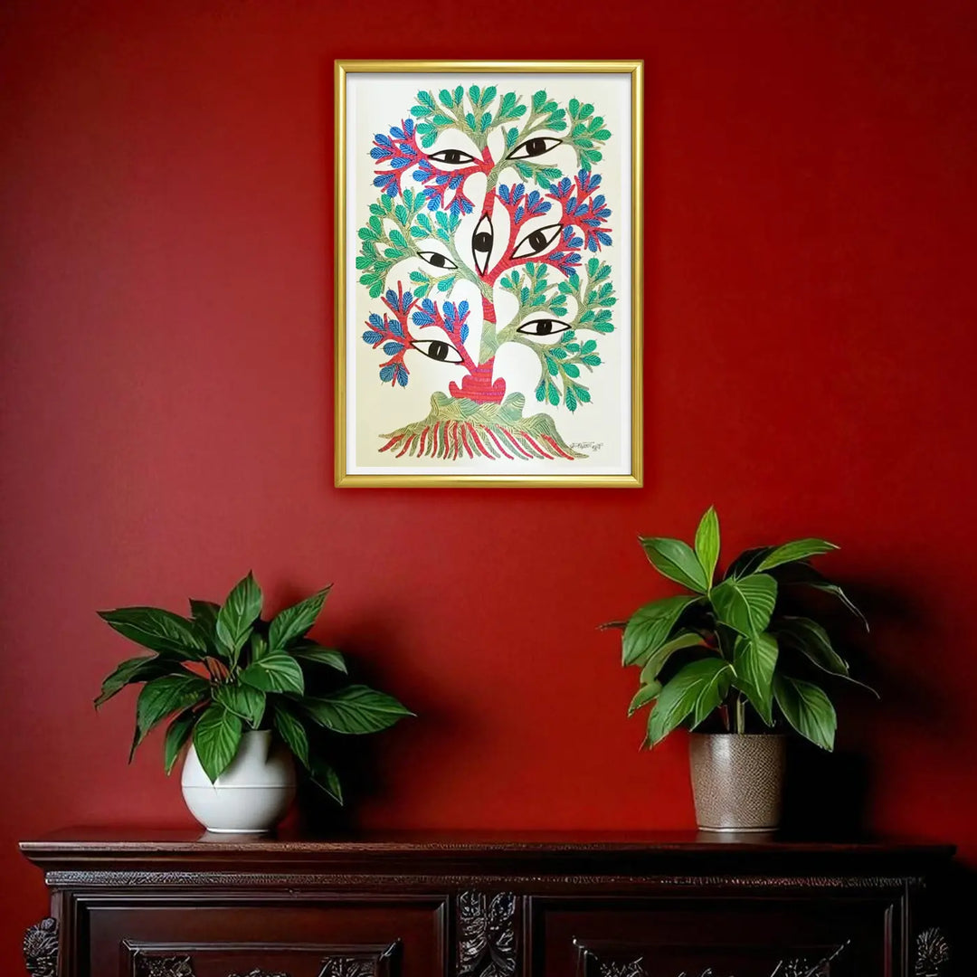 16 x 23 Inch | Eyes & Tree | Original Hand Painted Tribal Gond Art Painting | Acrylic Paint On Paper