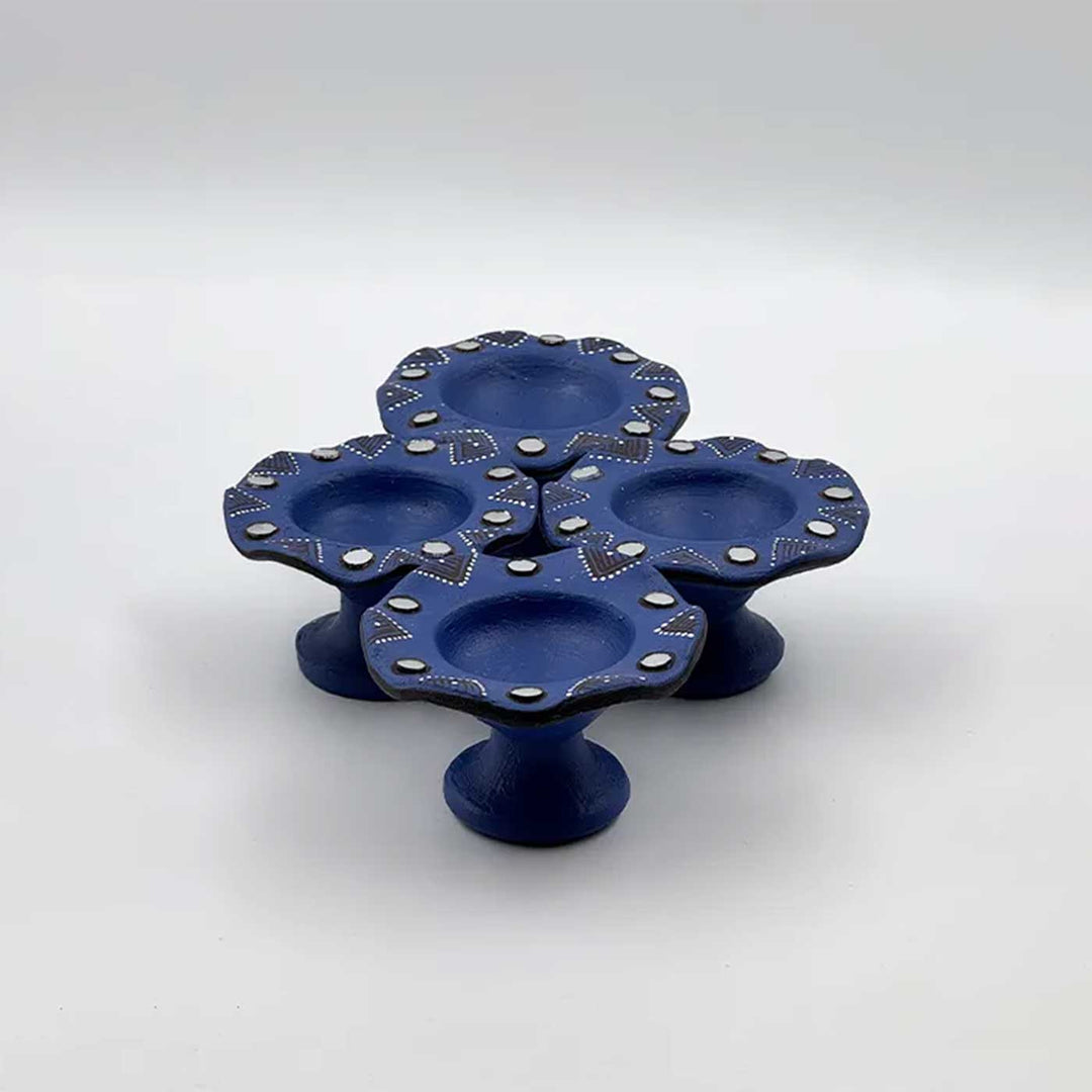 Set of 6 | Blue Hand-Painted Flower-Shaped Terracotta Diya Tealight Holders For Festive Decor