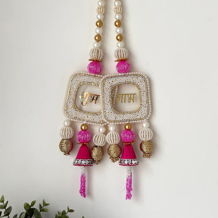 Handmade Beaded White & Pink Shubh Labh Hangings | Set Of 2