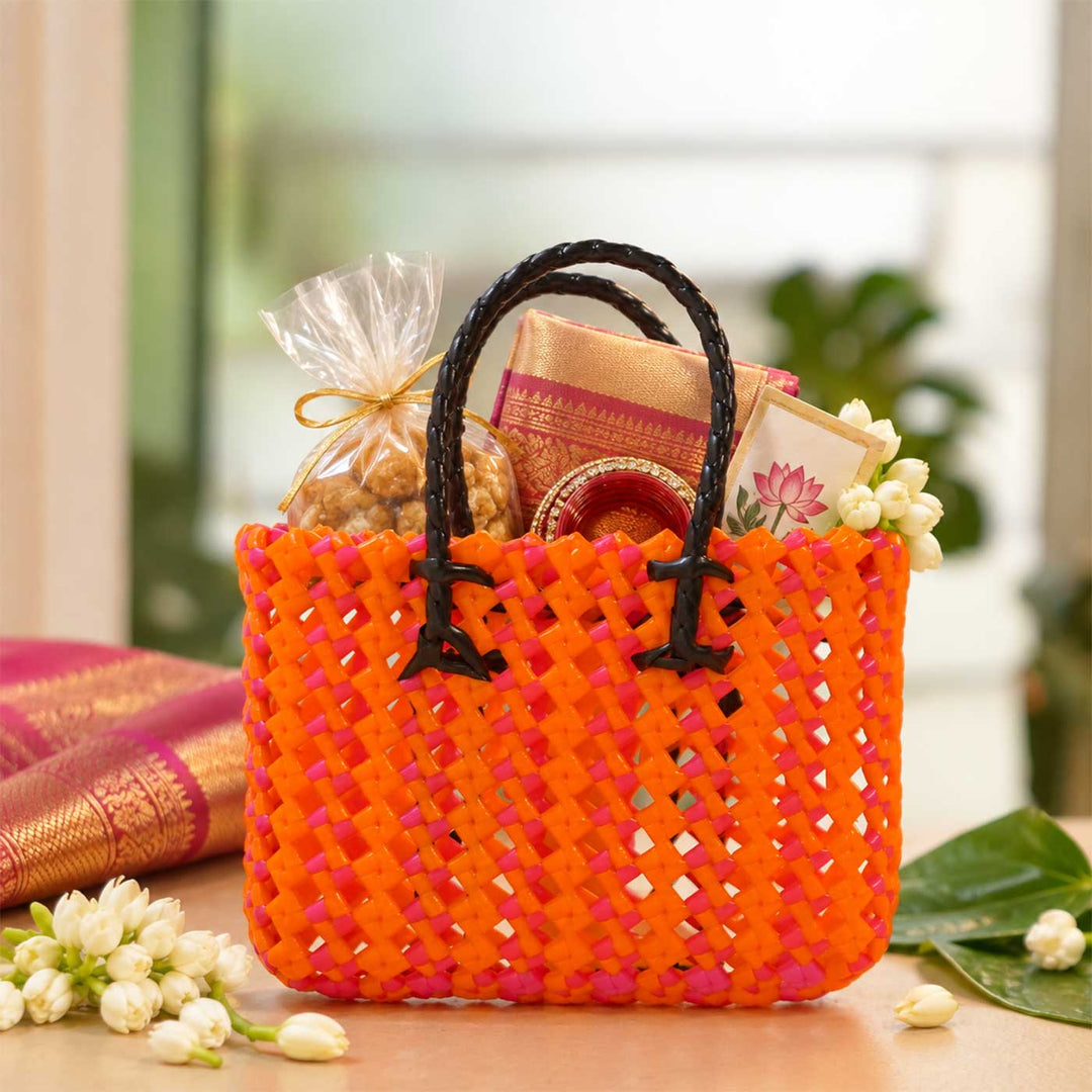 Handwoven Orange & Pink Small Plastic Wire Koodai Bag For Festive Return Gifts