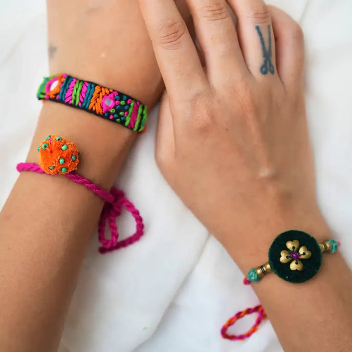 3 pc Rakhi + Brass Thali Set | Premium Love Embroidered & Beaded Rakhi Set with Roli Chawal