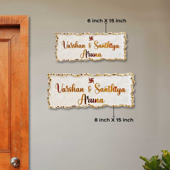 White & Gold Personalized Marble Effect Rectangle Resin Name Plate | With 3D Acrylic Letters & Gold Stone Embellishment
