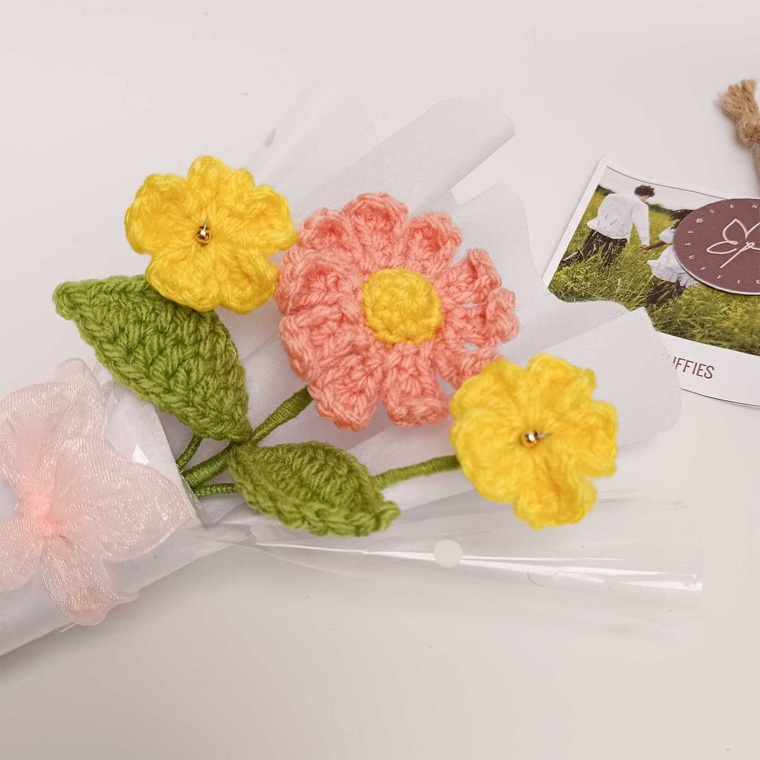 Handmade Crochet Peach & Yellow Mini Flower Bouquet | Includes Photo & Greeting Card