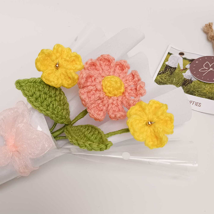 Handmade Crochet Peach & Yellow Mini Flower Bouquet | Includes Photo & Greeting Card