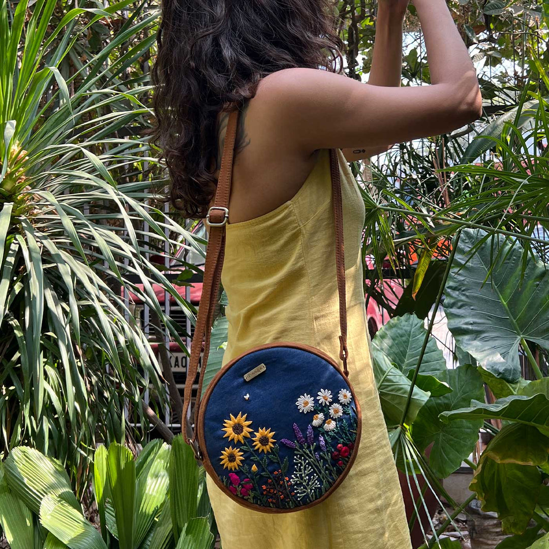 Personalized Embroidered Bee & Wildflowers Round Denim Sling Bag