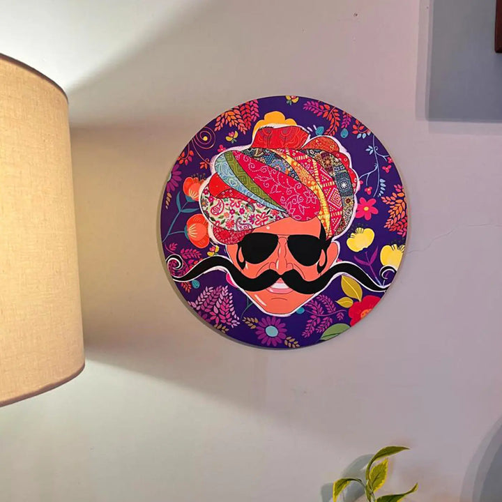 Printed Round Rajasthani Man Theme MDF Wood Wall Decor