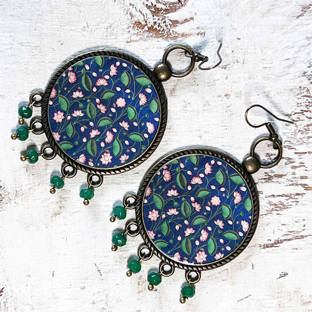 Blue Floral Pichwai Lotus Design Metal Earrings
