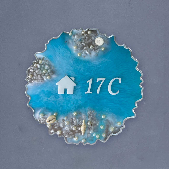 Personalized Ocean Theme Resin Name Plate - Front View with Number Personalization