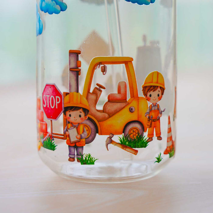 Cute Printed "Bob The Builder" Theme Glass Tumbler With Straw For Kids