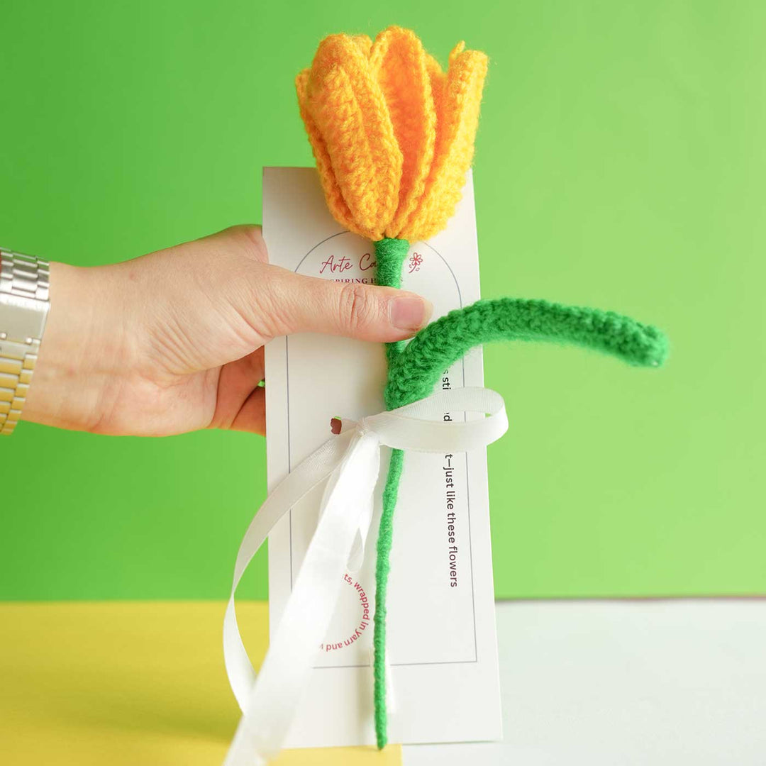 Personalized Handmade Crochet Tulip Yellow Rakhi Hamper | Includes 1 Crochet Flower, 1 Message Card & 2 Rakhis & Roli Chawal