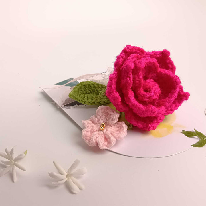 Handmade Crochet 3D Pink Rose Greeting Card